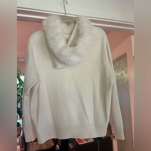 Alice + Olivia Oscar Faux Fur-Trimmed Knit Hoodie in Ecru